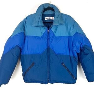 Vintage Down Jacket Coat Puffer L Blue Unisex Color Block Winter Ski Retro 90s